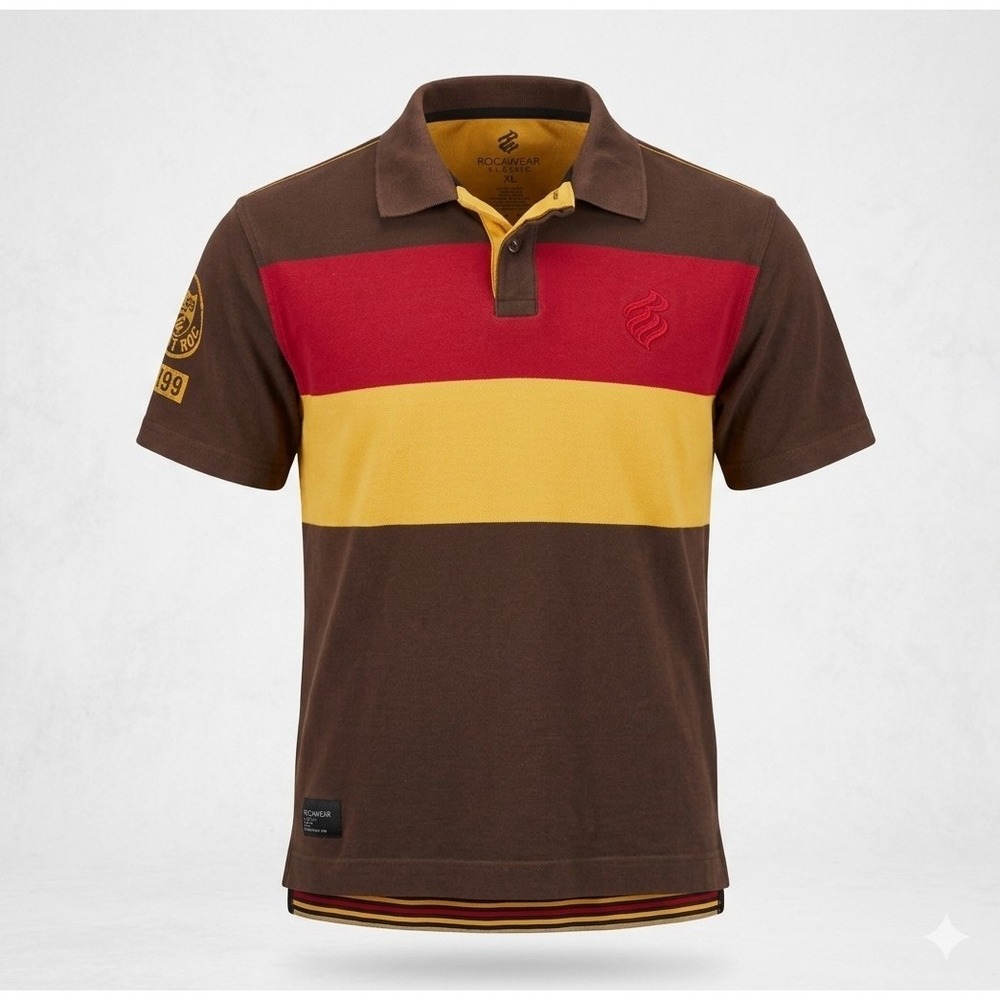 Rocawear Vintage Men's Brown, Red, Yellow Stripe Short SleevePolo Shirt. Size XL